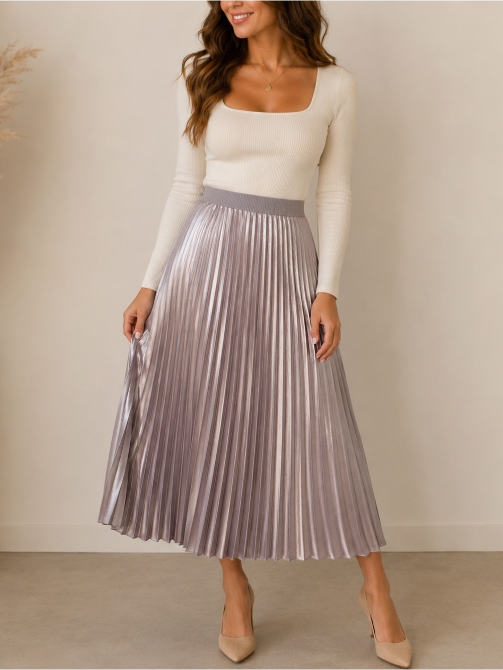Allegra K Pleated Satin Midi Skirt Gray Taupe Size M | Quiet Luxury Office Coque